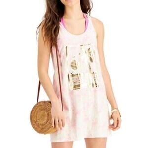 Miken Swimsuit Cover Up Size Small Pink Tie Dye Gold Graphic Resort Beach NEW